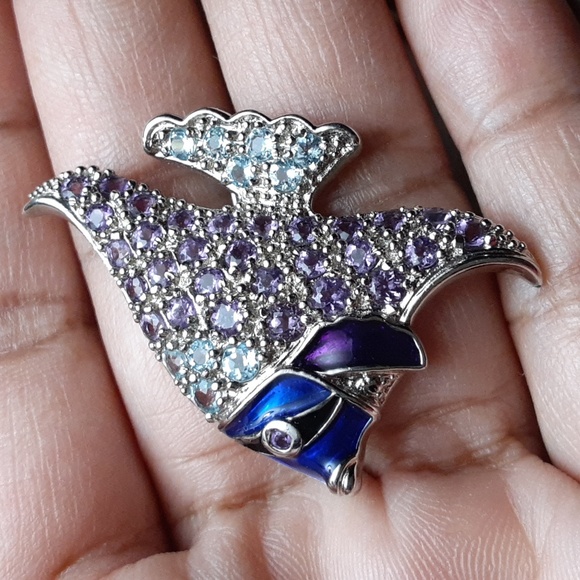 CLOSEOUT, 925 Genuine Amethyst and Blue Topaz with Enamel. BROOCH. FIRM. - Picture 3 of 11